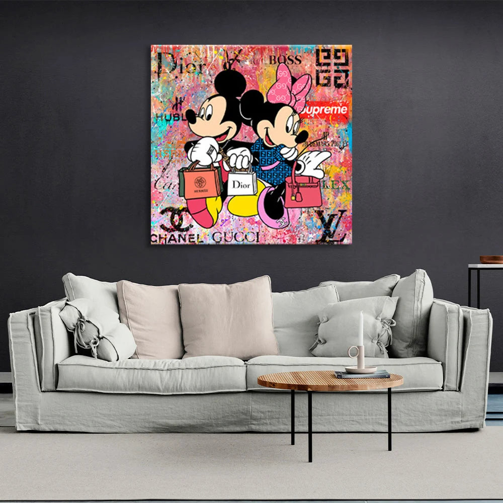 Mickey und Mini Mouse kaufen bei verschiedenen Marken ein – Kunstdruck auf Leinwand