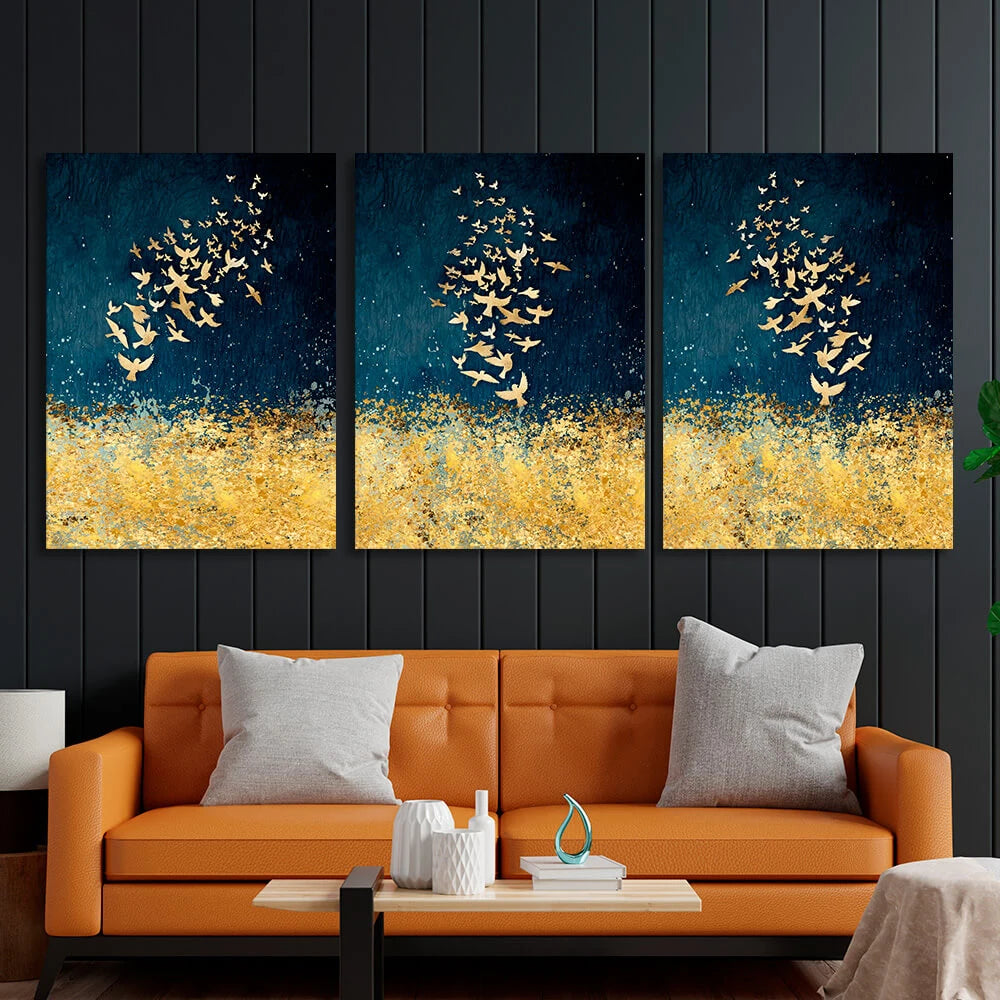 Modulare Abstraktion in Gold- und Blautönen, mehrteiliger Kunstdruck auf Leinwand