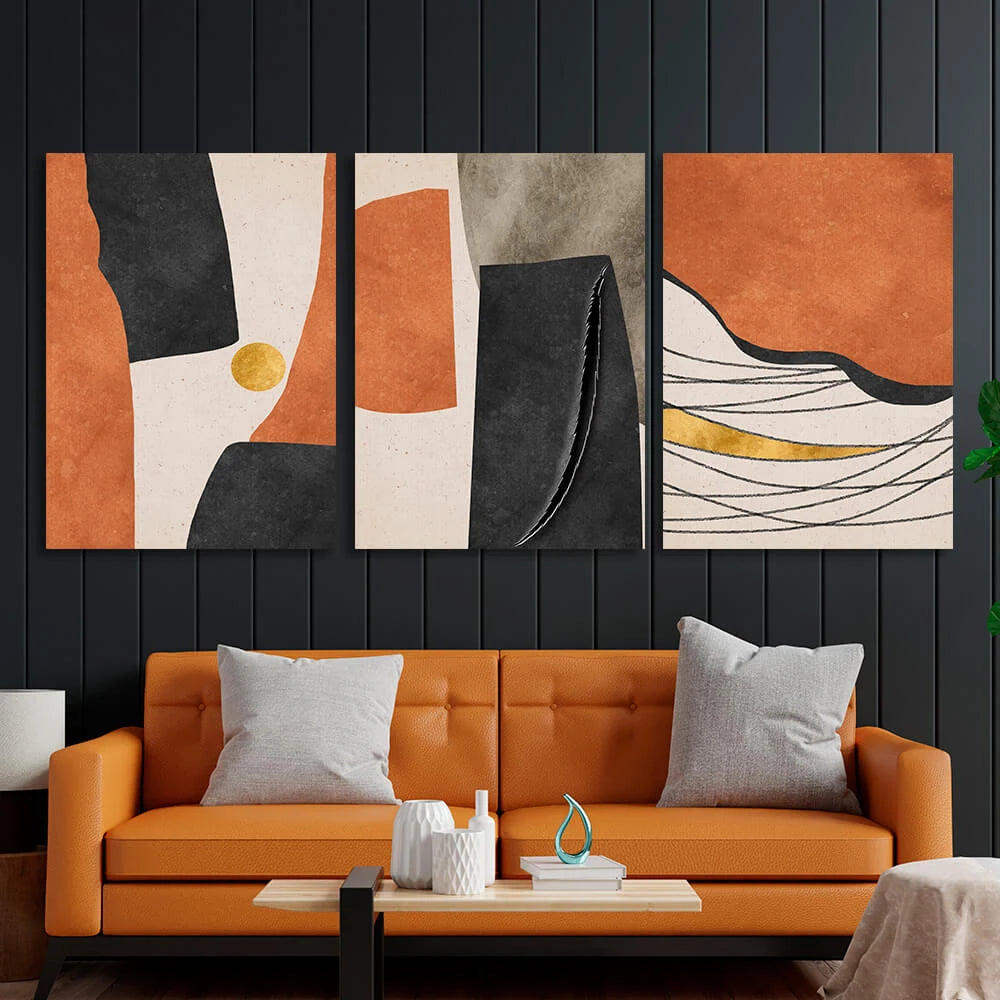 Modularer abstrakter Kunstdruck auf mehrteiliger Leinwand mit ausgeprägtem Orangeton