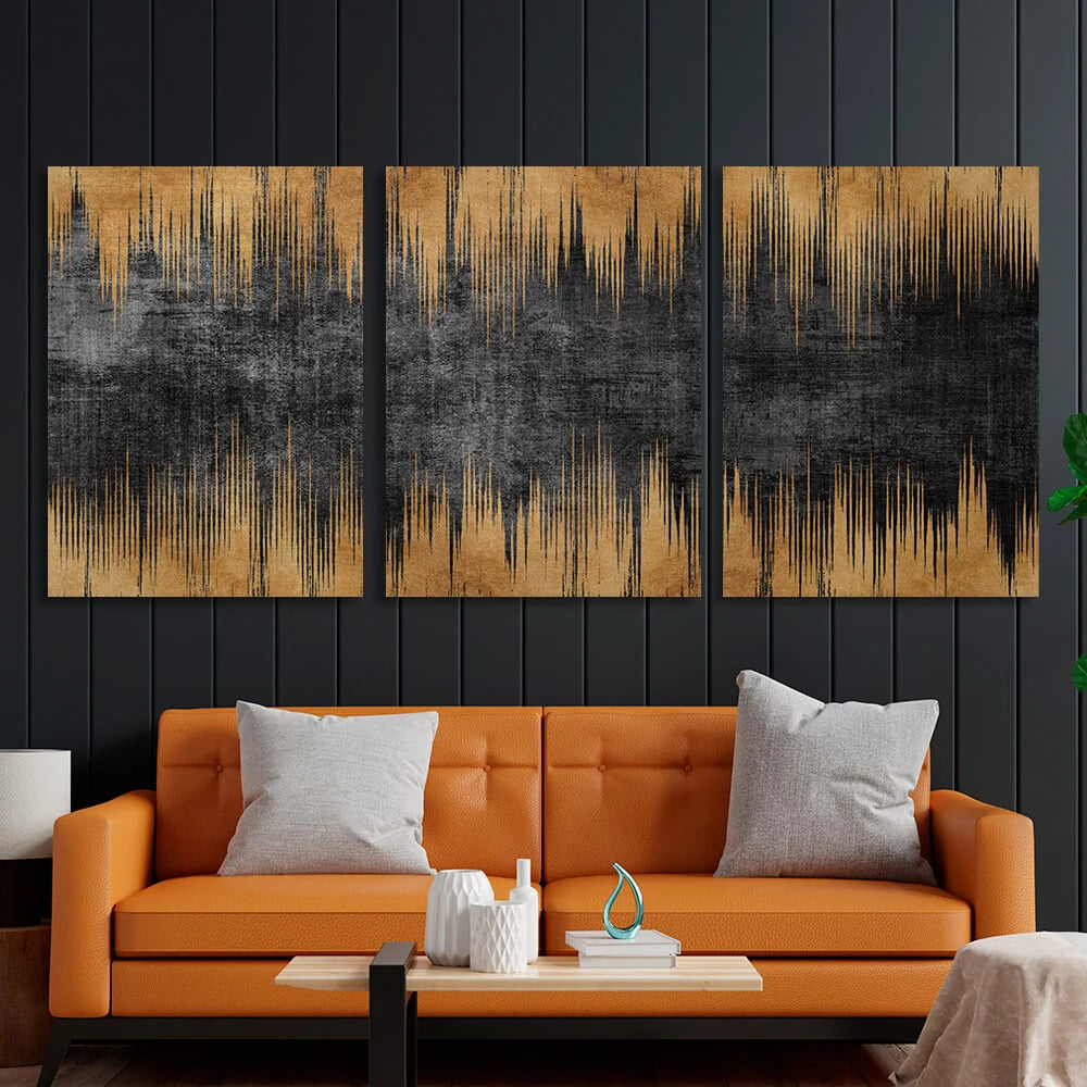 Modularer abstrakter Kunstdruck auf Leinwand, mehrteilig, Gold und Schwarz