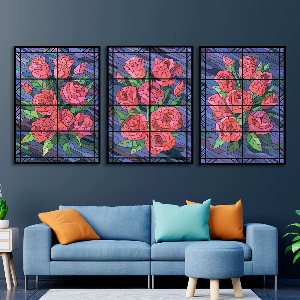 Modularer Kunstdruck auf Leinwand, mehrteilig, Blumen auf blauem Hintergrund