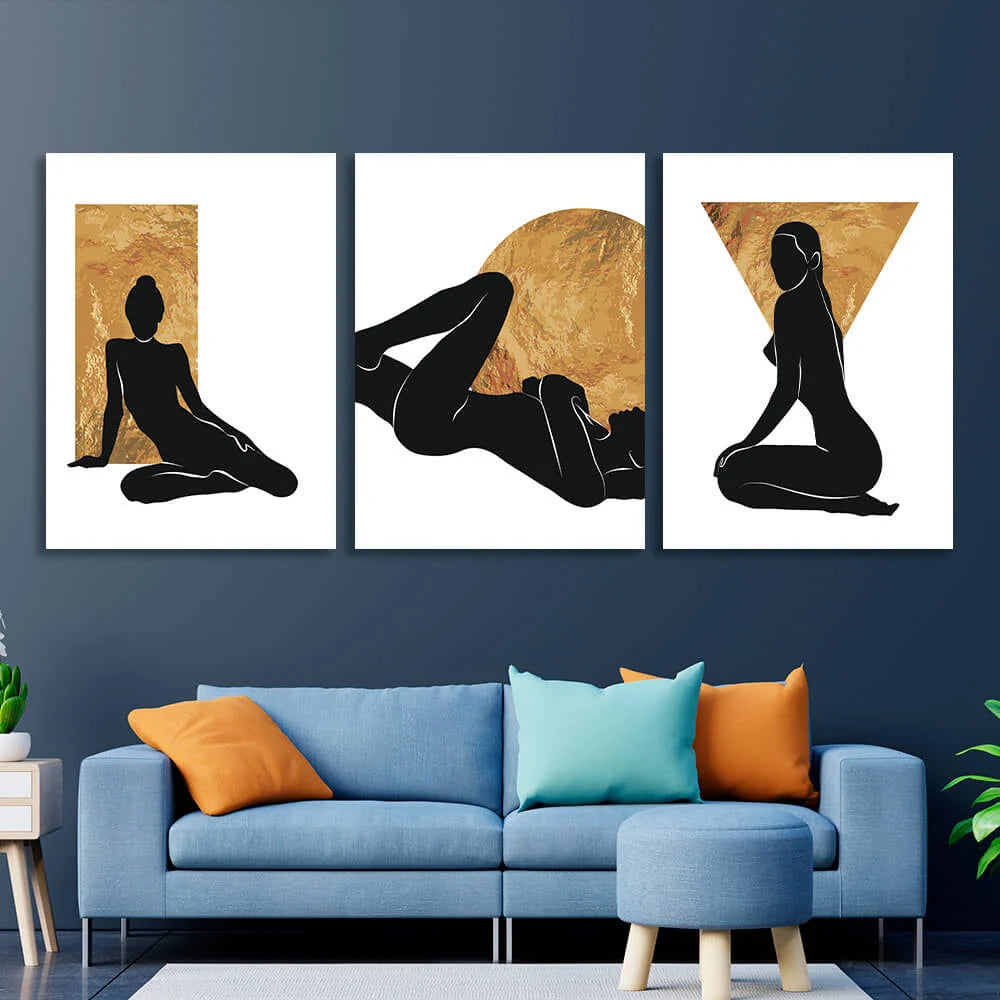 Modulare Frauenfiguren auf weißem und goldenem Hintergrund, mehrteiliger Kunstdruck auf Leinwand