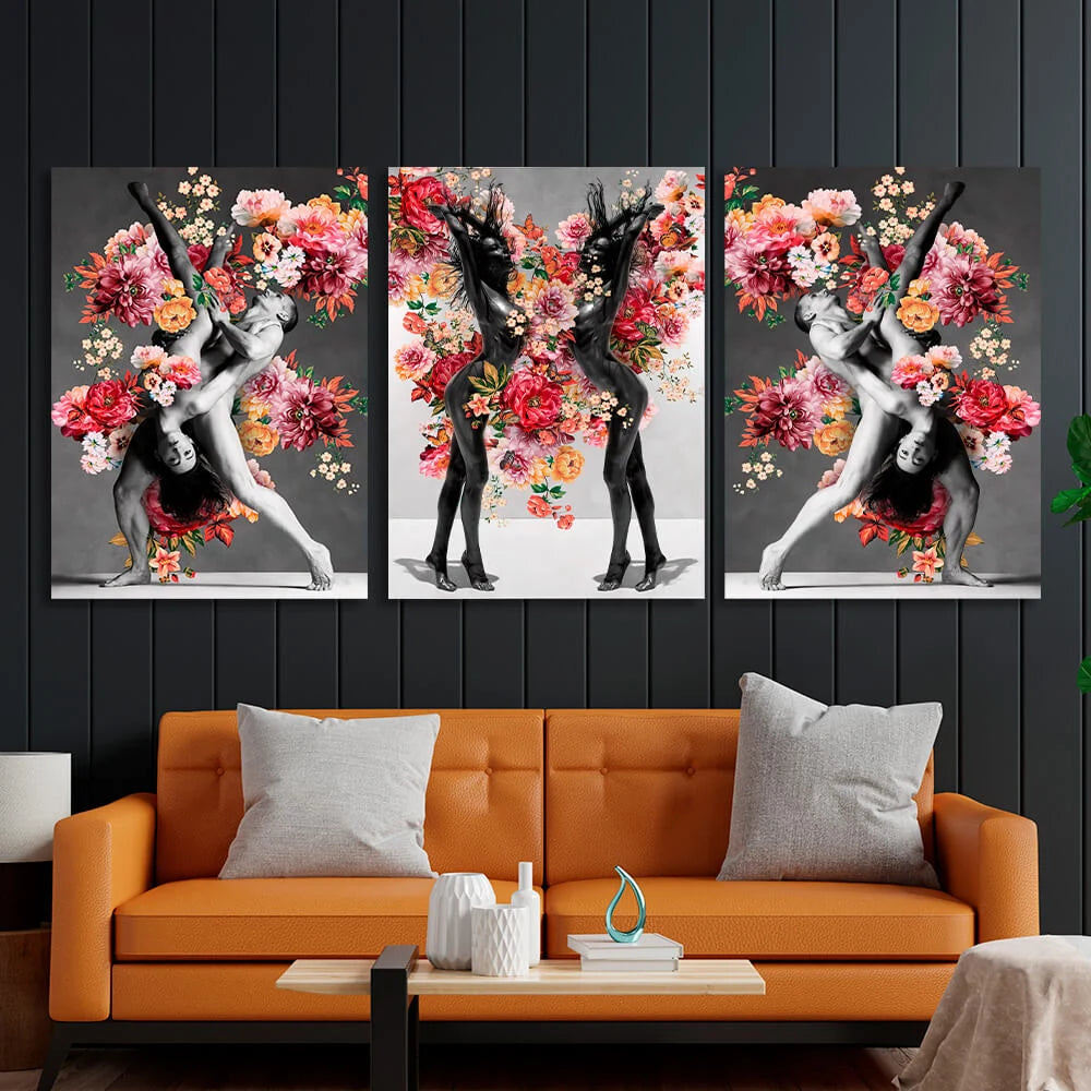 Modulares 3-teiliges Triptychon „Frauen und Tänzerinnen in Blumen“, mehrteiliger Kunstdruck auf Leinwand