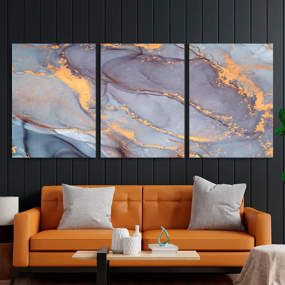 Modularer, grau-goldener abstrakter Kunstdruck mit goldenen Elementen, mehrere Teile auf Leinwand