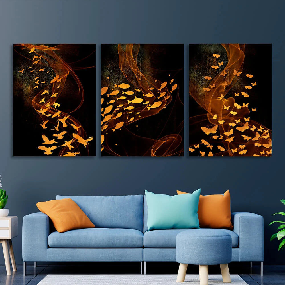Modularer, goldener Schmetterling, Vogel und Fisch auf braunem Hintergrund, mehrteiliger Kunstdruck auf Leinwand