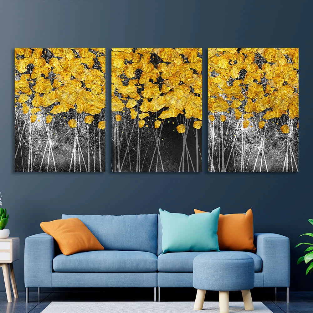 Modularer Kunstdruck auf Leinwand, mehrteilig, mit goldenen Punkten auf dunkelgrauem Hintergrund