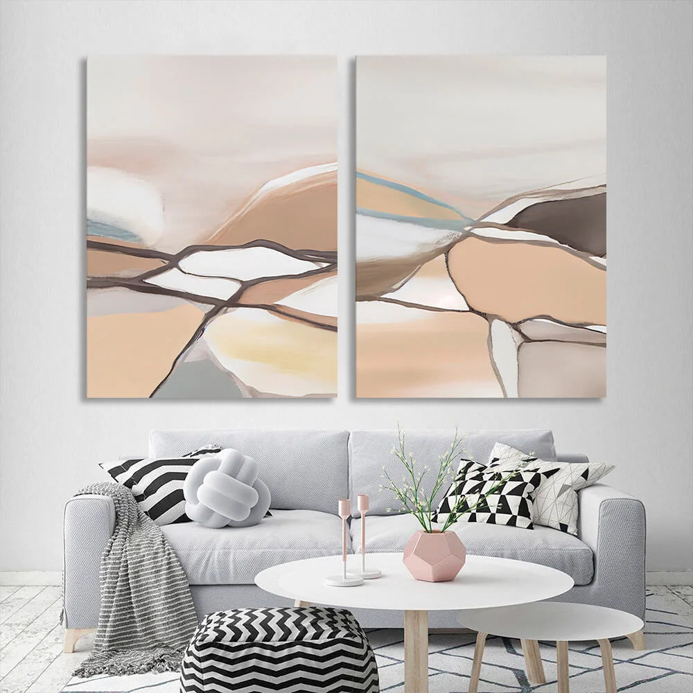 Modularer blasser abstrakter Kunstdruck mit Linien, mehrere Teile auf Leinwand