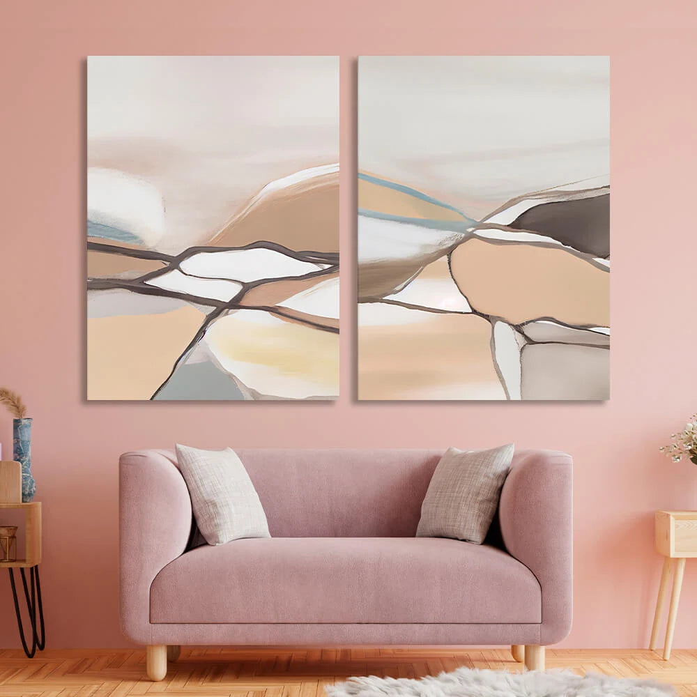 Modularer blasser abstrakter Kunstdruck mit Linien, mehrere Teile auf Leinwand