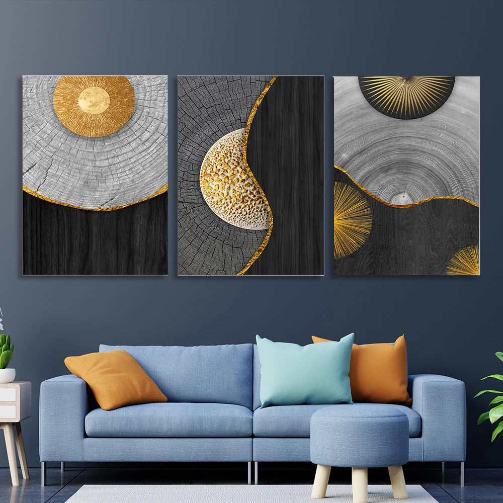 Modularer dreiteiliger Kunstdruck auf Leinwand, mehrteilig, aus schwarzem und grauem Holz