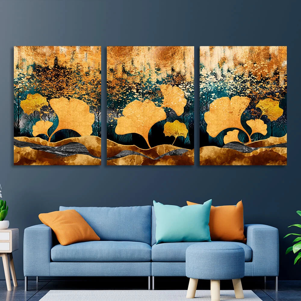 Modularer, abstrakter Kunstdruck auf Leinwand, mehrere Teile, Gelbgold