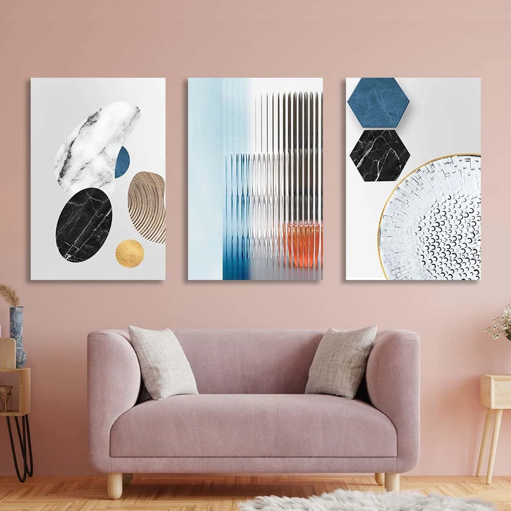 Mehrteiliger Kunstdruck auf Leinwand, Abstraktion mit geometrischen Marmorfiguren