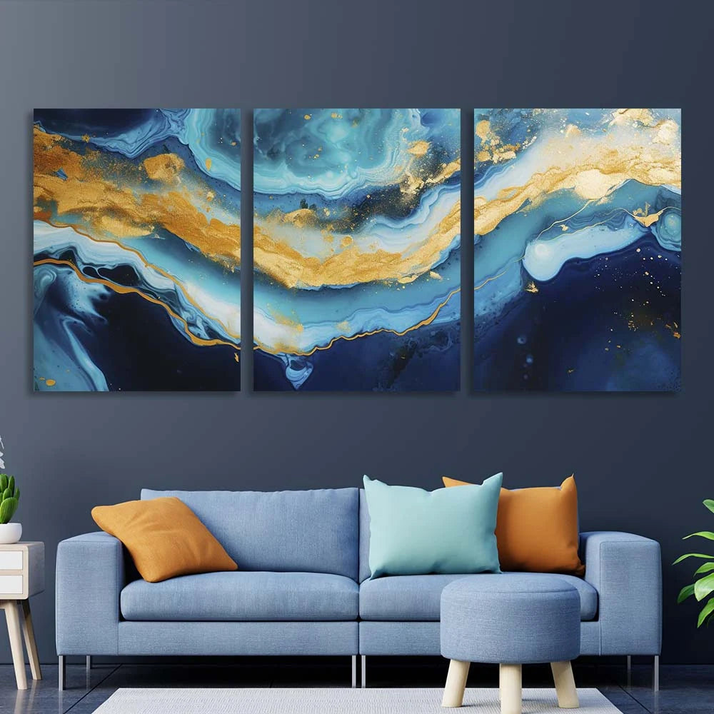 Mehrteiliger Kunstdruck auf Leinwand, Blauer Marmor mit Gold
