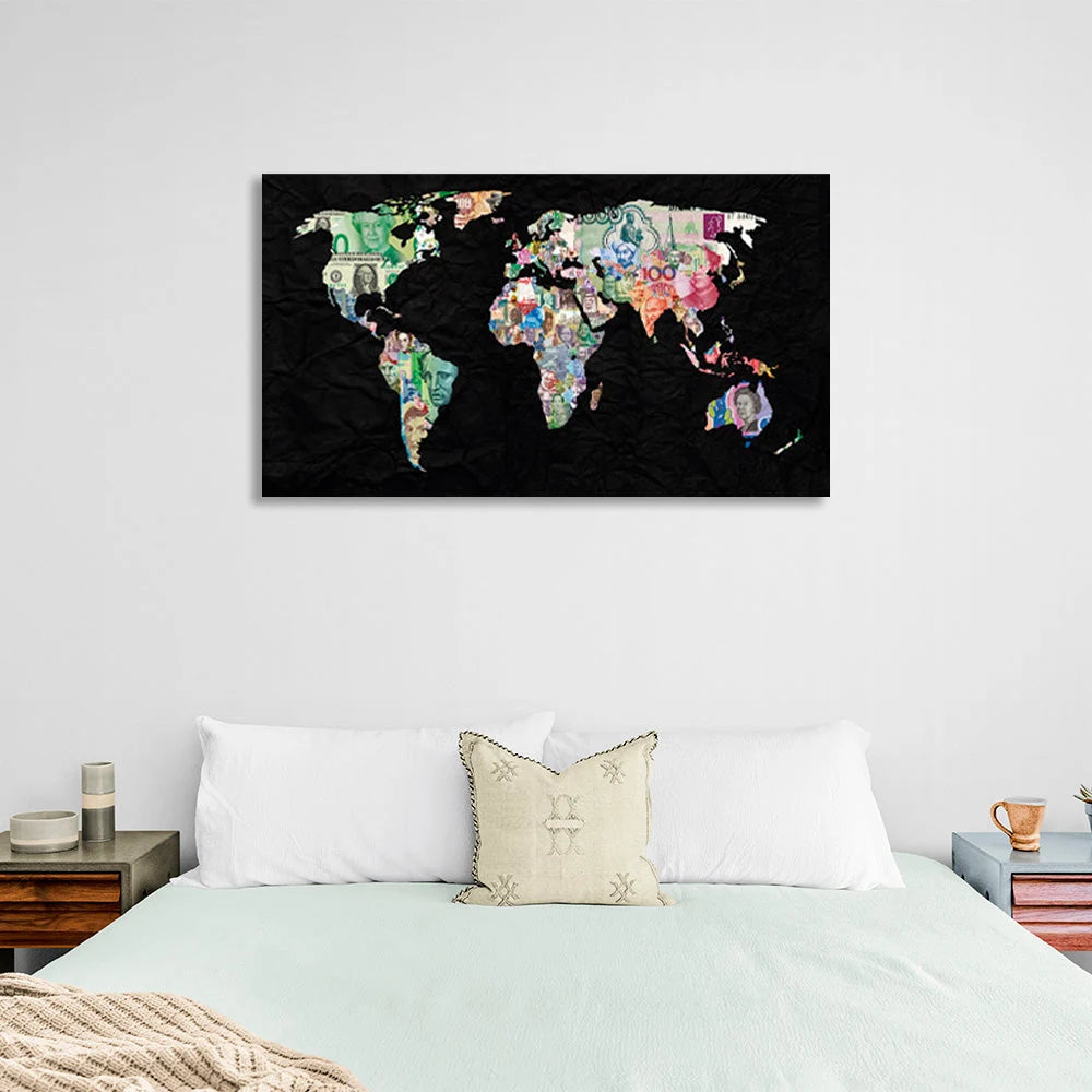Leinwandbild, mehrfarbig, Weltkarte, auf schwarzem Hintergrund, Wandbild