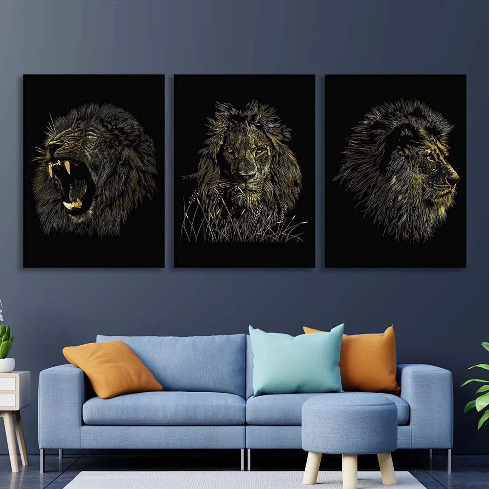 Kunstdruck auf Leinwand, mehrteilig, Löwenkopf auf schwarzem Hintergrund