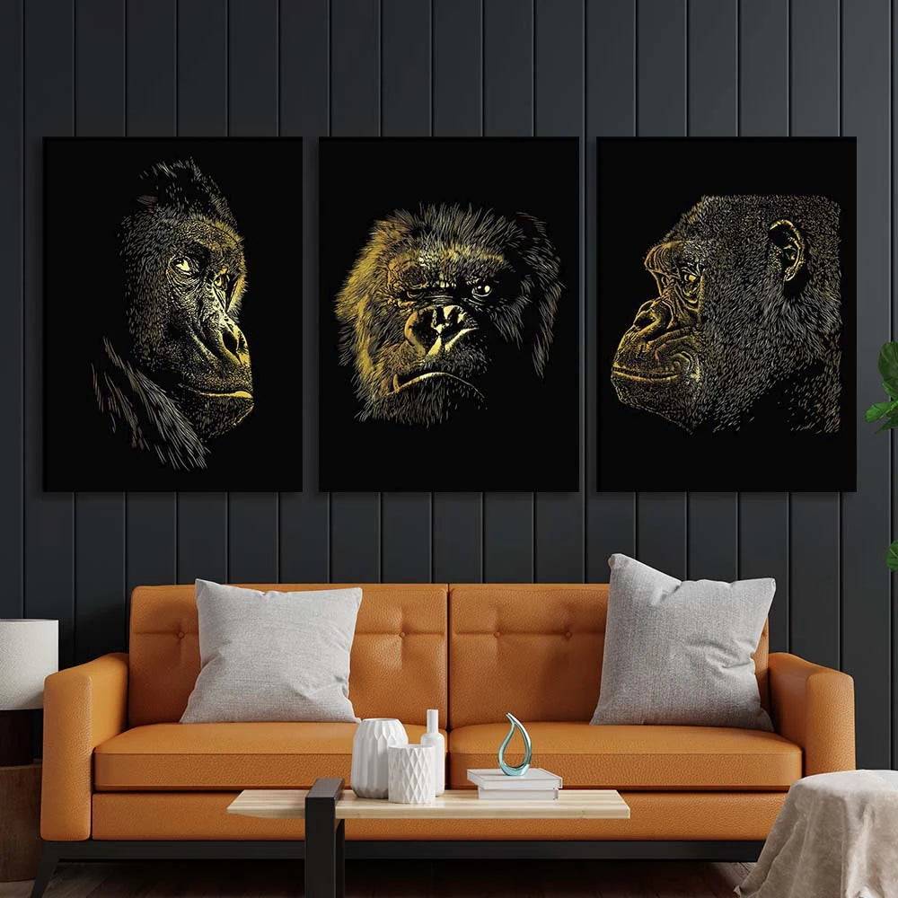 Kunstdruck auf mehrteiliger Leinwand, Gorillakopf auf schwarzem Hintergrund