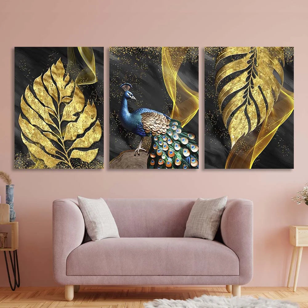 Mehrteiliger Kunstdruck auf Leinwand, Pfau in goldenen Blättern