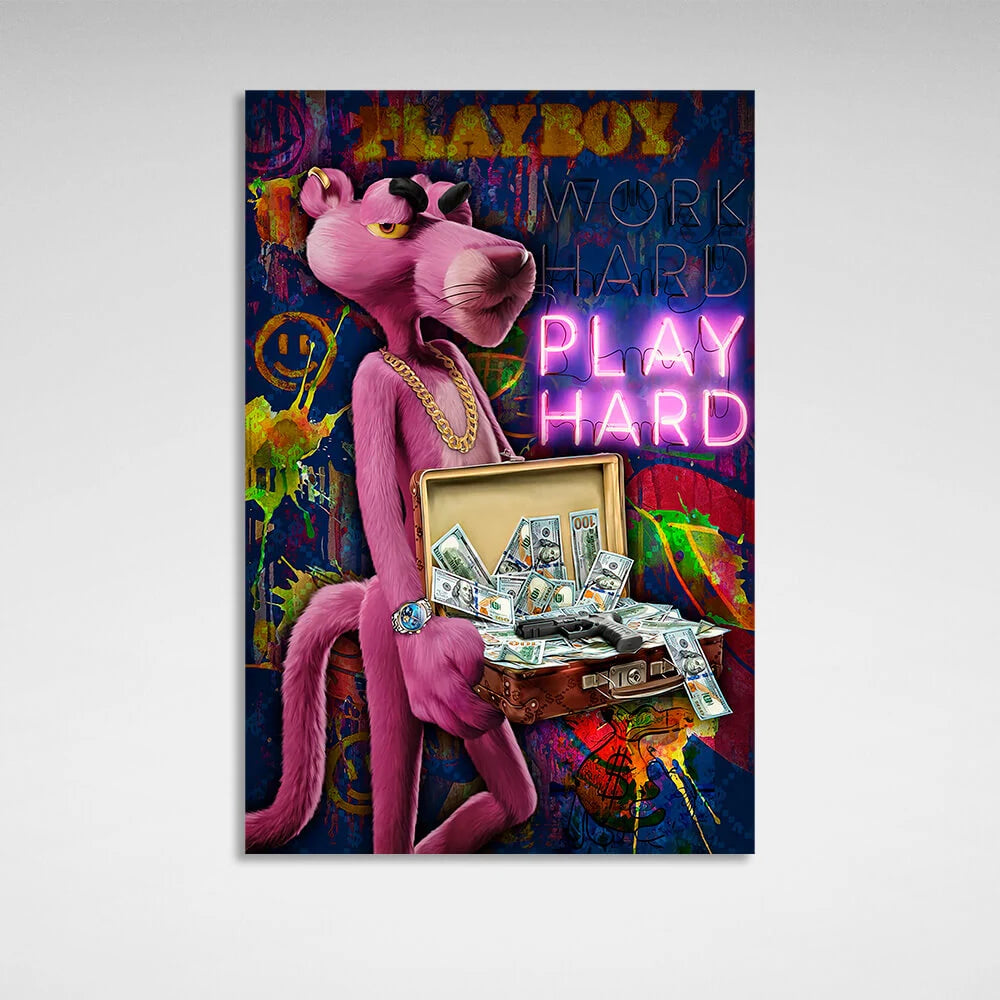Pink Panther spielt für Erwachsene. Motivierender Kunstdruck auf Leinwand