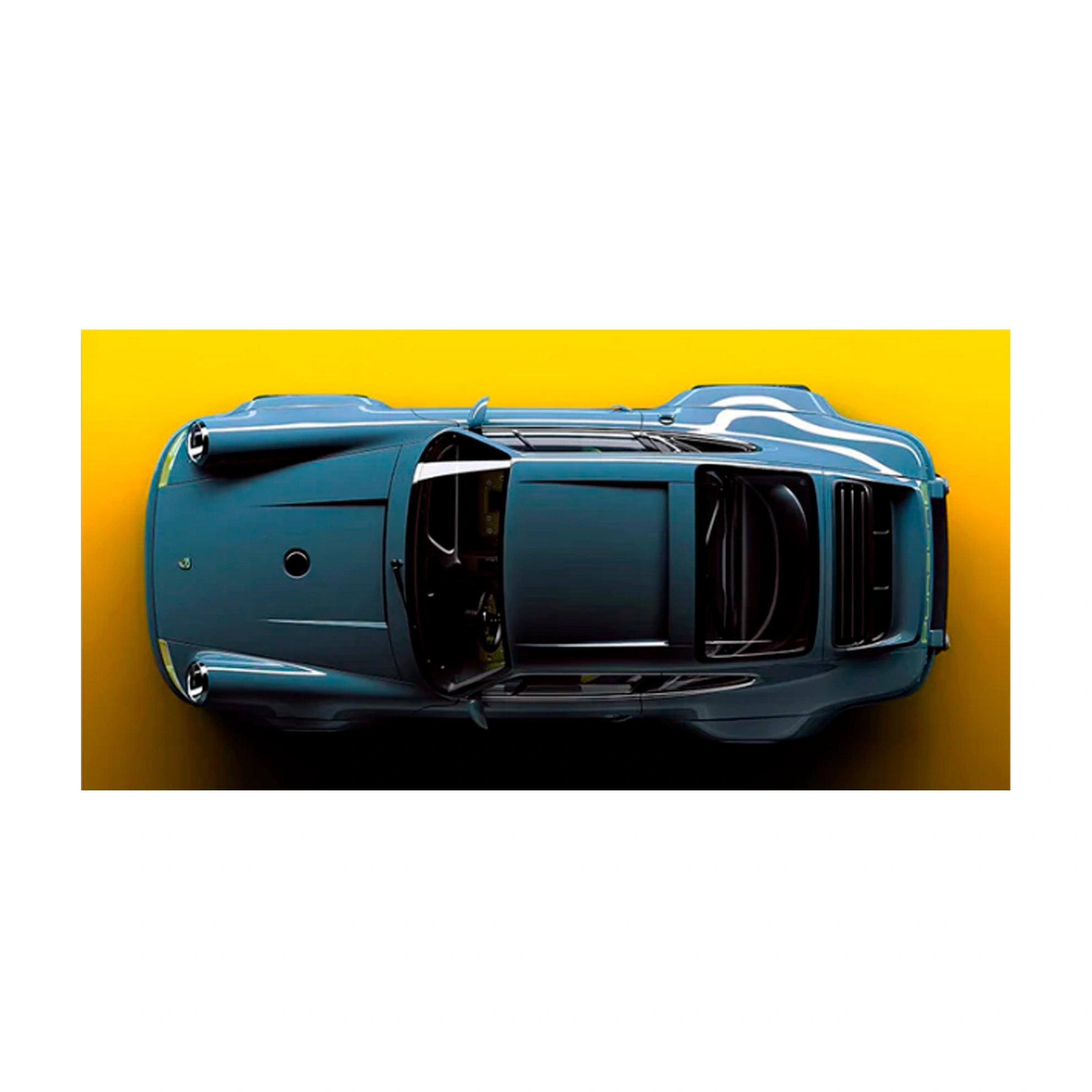 Leinwandbild, Motiv: Porsche 911, blaues Porsche-Auto auf gelbem Hintergrund