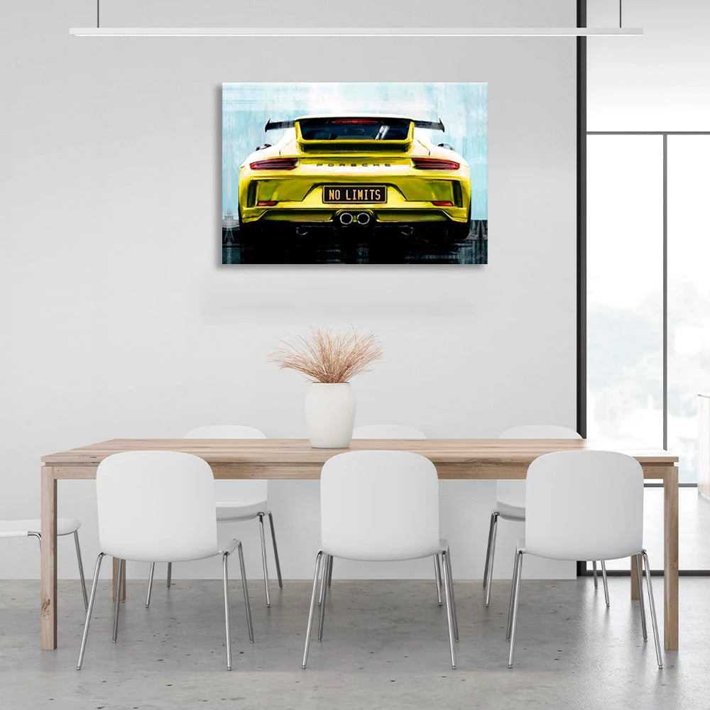 Porsche auf der Rückseite der "No Limit" Nummernschilder Leinwand Wand Kunstdruck