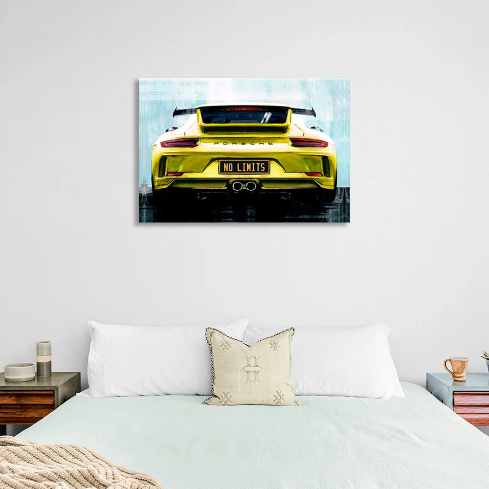 Porsche auf der Rückseite der "No Limit" Nummernschilder Leinwand Wand Kunstdruck