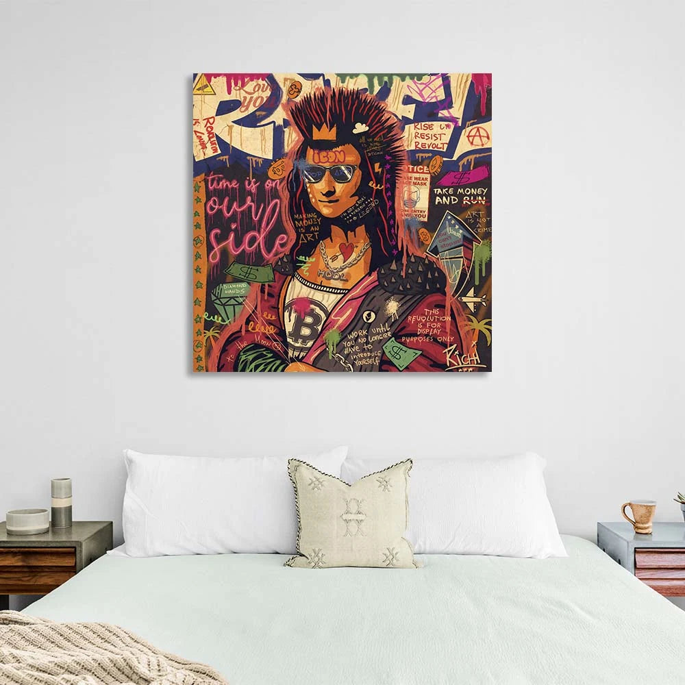 Pop-Art-Gioconda mit Irokesenschnitt und Bitcoin auf Leinwand, Kunstdruck