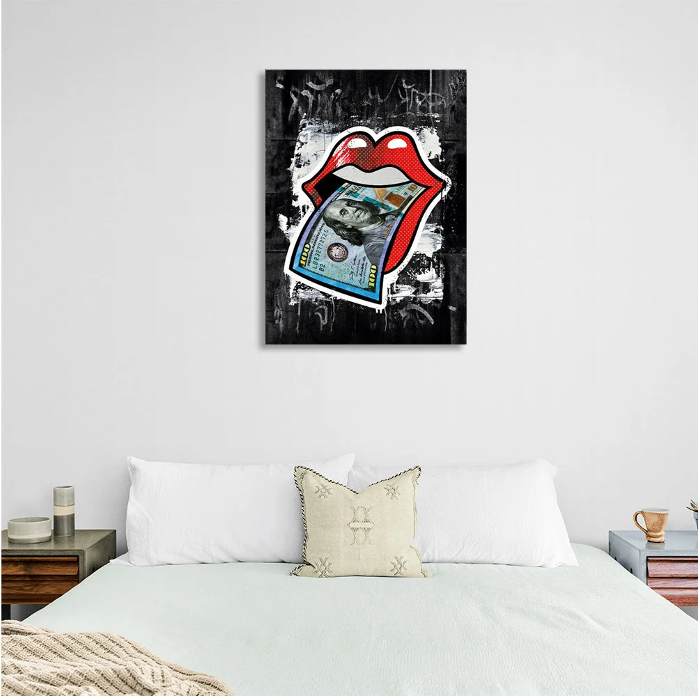 Rote Lippen auf schwarzem Hintergrund, 100 $, Kunstdruck auf Leinwand