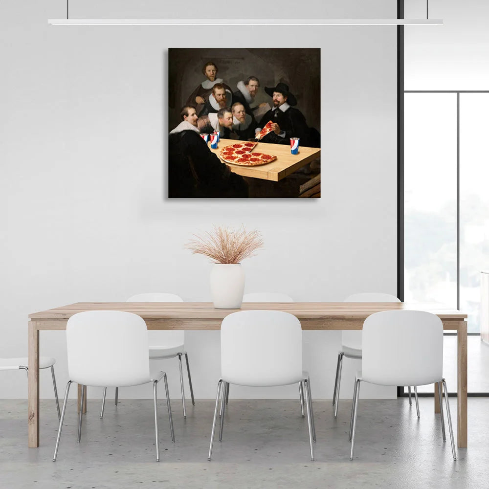 Leinwandbild „Rembrandts Lektion im Pizzaessen“