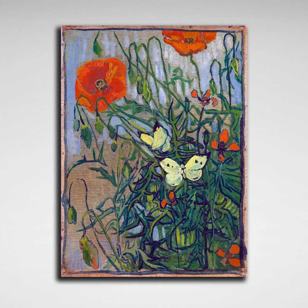 Reproduktion „Schmetterlinge und Mohnblumen“ von Vincent Van Gogh, Reproduktion auf Leinwand, Wand-Kunstdruck
