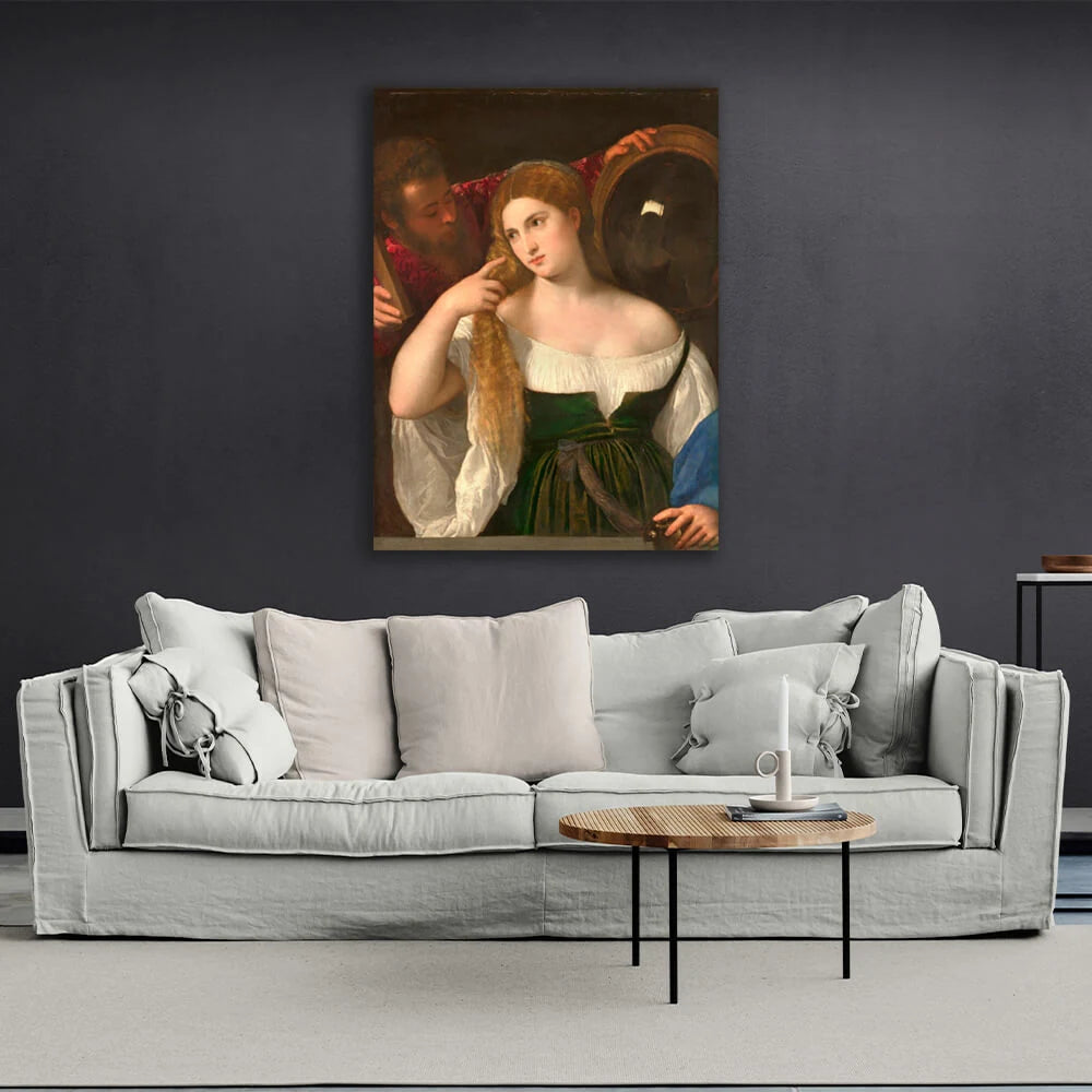 Reproduktion „Frau vor dem Spiegel“, Reproduktion von Tizian auf Leinwand, Kunstdruck