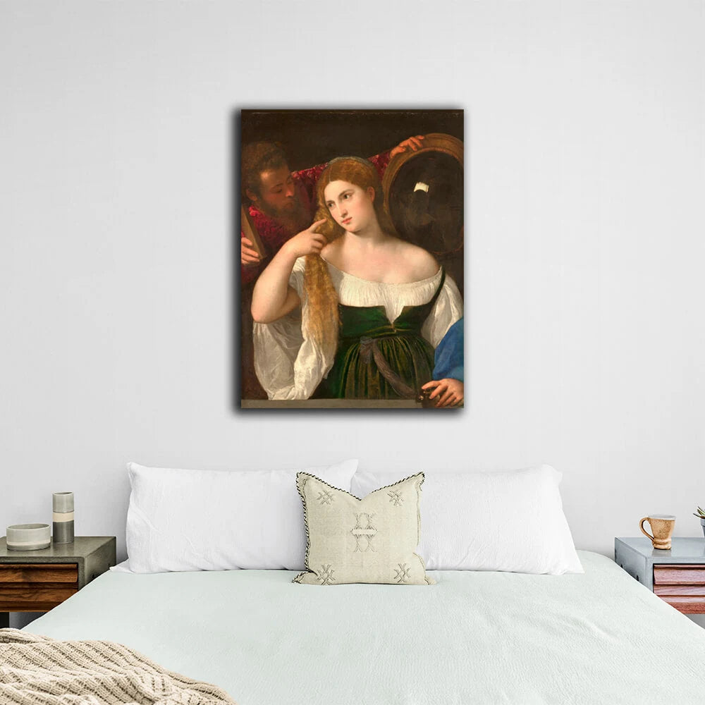 Reproduktion „Frau vor dem Spiegel“, Reproduktion von Tizian auf Leinwand, Kunstdruck