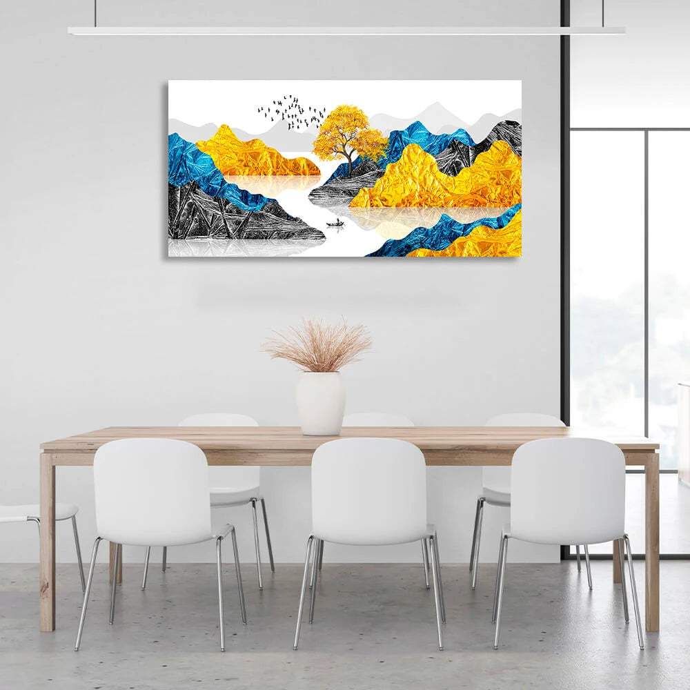 Kunstdruck auf Leinwand, Motiv: Felsen mit einem kleinen Baum und einem kleinen Boot im Meer in den Farben Blau, Gelb und Schwarz