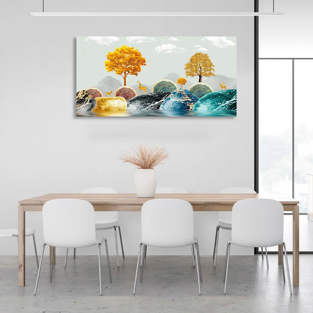 Felsen mit drei Hirschen darauf und goldenen Bäumen Leinwand Wand Kunstdruck