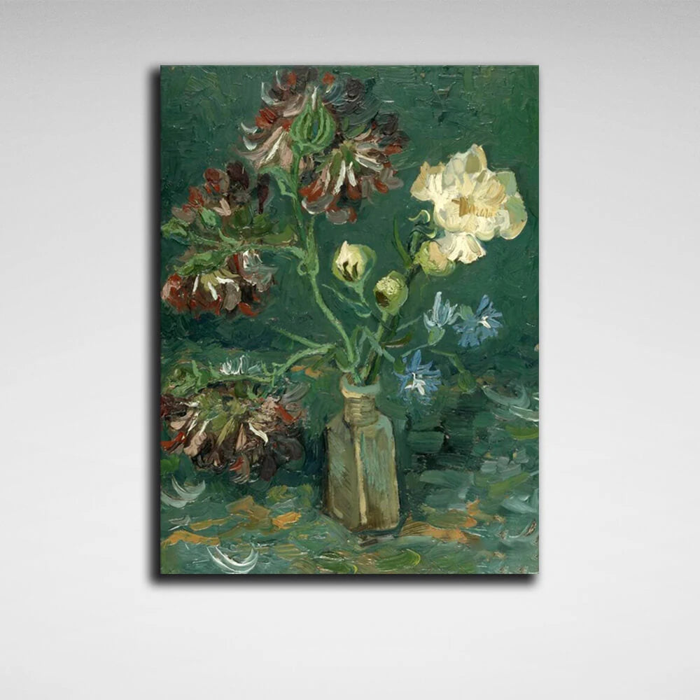 Reproduktions-Vase mit Vergissmeinnicht und Pfingstrosen, Van Gogh-Reproduktion, Kunstdruck auf Leinwand
