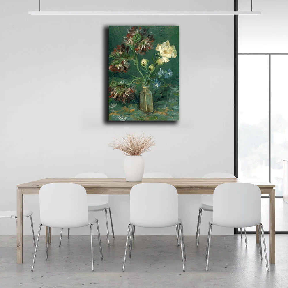 Reproduktions-Vase mit Vergissmeinnicht und Pfingstrosen, Van Gogh-Reproduktion, Kunstdruck auf Leinwand