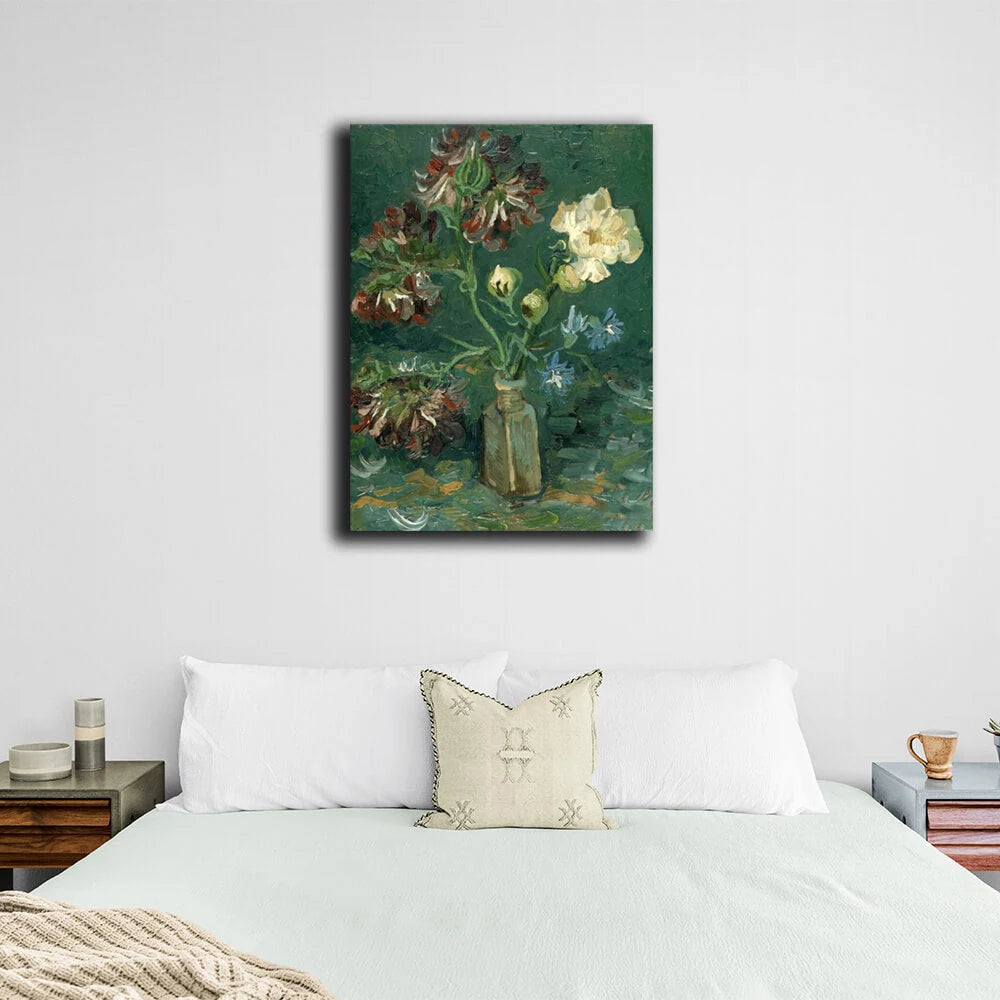 Reproduktions-Vase mit Vergissmeinnicht und Pfingstrosen, Van Gogh-Reproduktion, Kunstdruck auf Leinwand