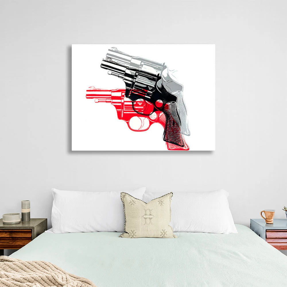 Leinwandbild „Revolver“ mit rotem und grauem Schatten auf weißem Hintergrund
