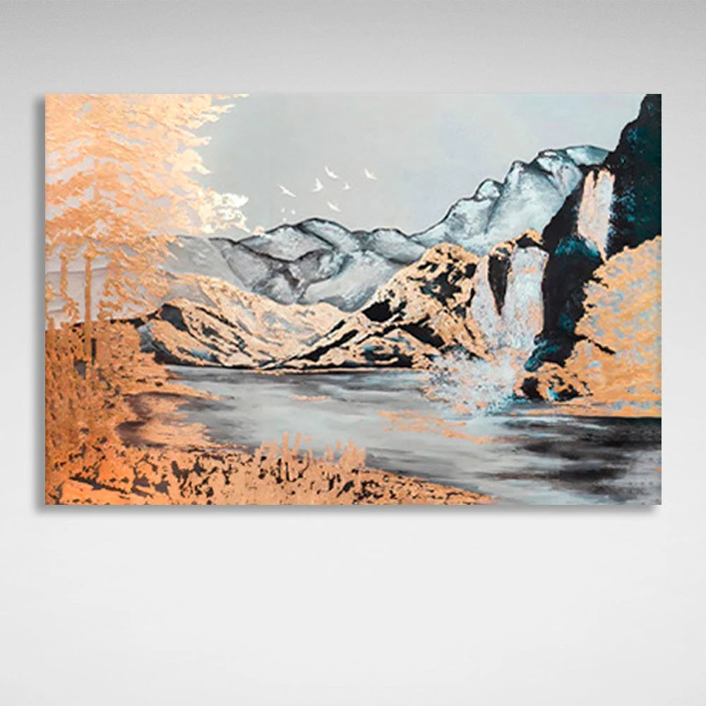 Leinwandbild „Felsen und goldene Bäume“