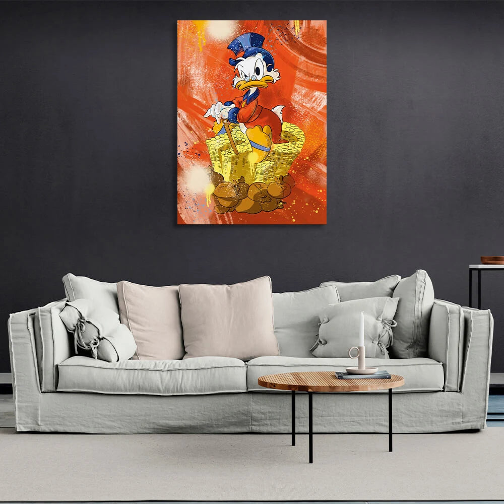 Scrooge sackt Säcke voller Geld und Münzen ein. Inspirierender Kunstdruck auf Leinwand.