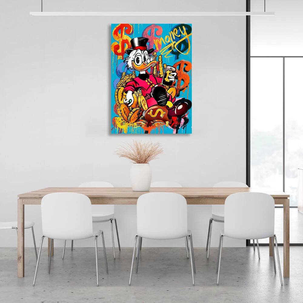 Dagobert Duck auf einem Thron aus Geld – Inspirierender Kunstdruck auf Leinwand