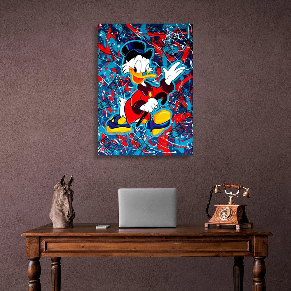 Scrooge auf einem roten und blauen Hintergrund Inspirierender Leinwand-Kunstdruck