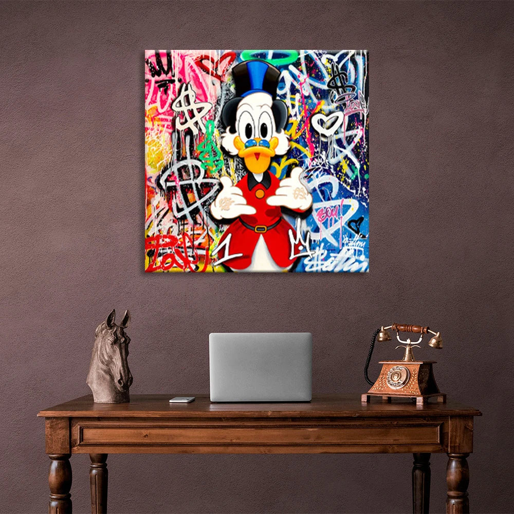 Scrooge-Graffiti auf einem Hintergrund aus zwei Farben, inspirierender Kunstdruck auf Leinwand
