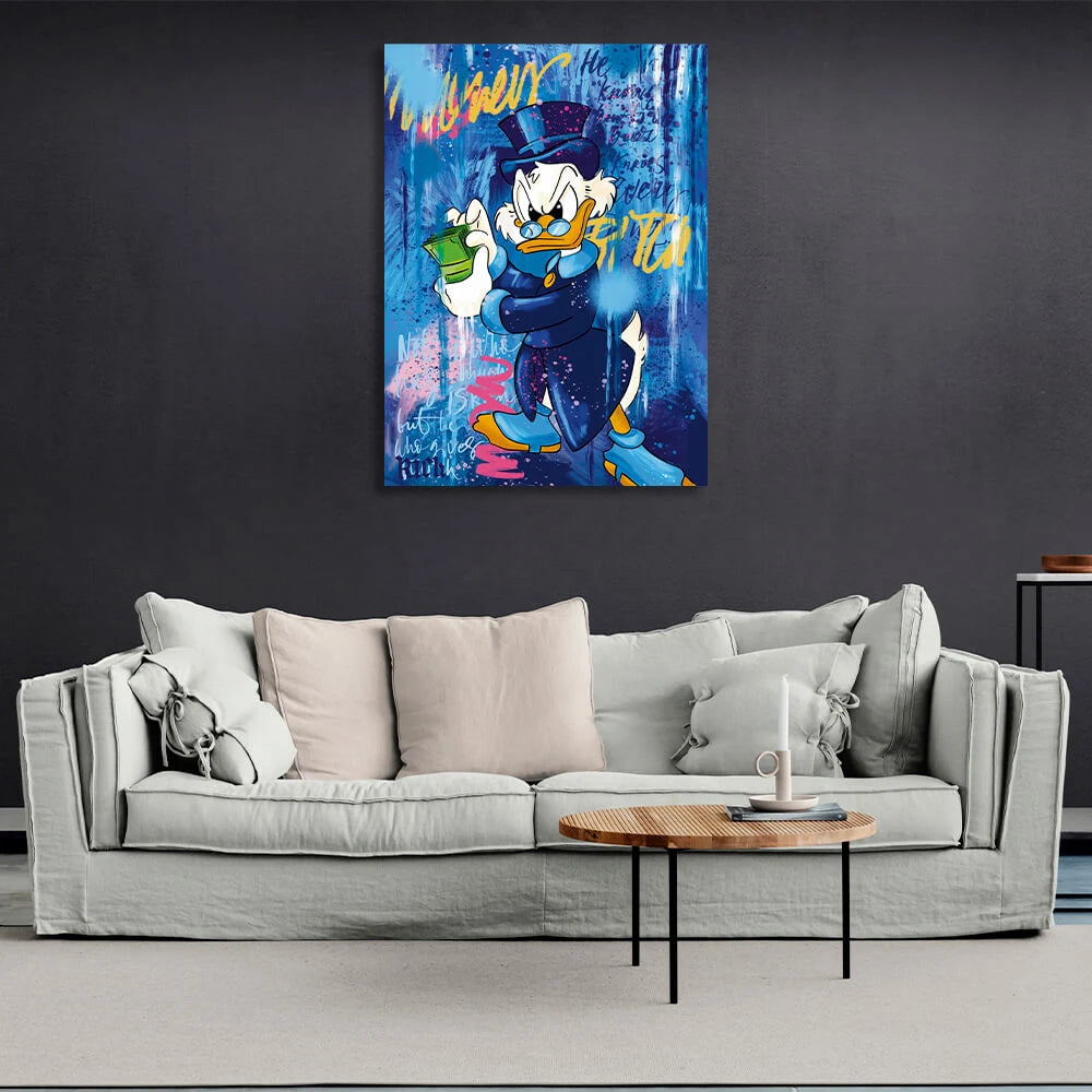 Scrooge mit einem Bündel Geld Inspirierender Kunstdruck auf Leinwand