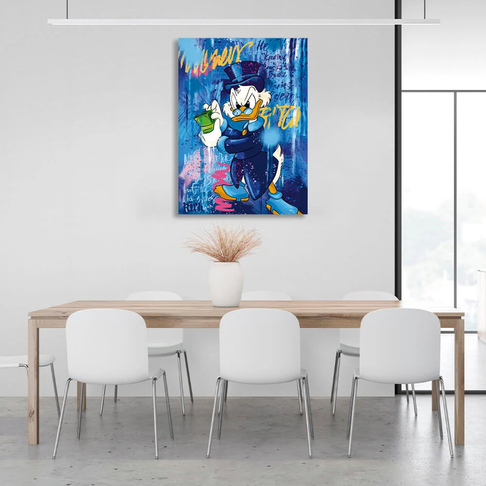 Scrooge mit einem Bündel Geld Inspirierender Kunstdruck auf Leinwand