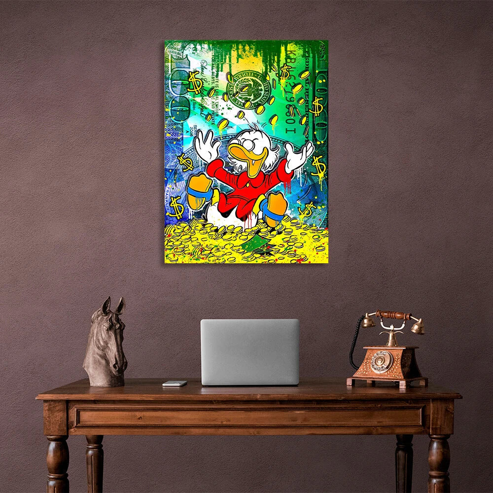 Scrooge, 100 Dollar und Groschen, inspirierender Kunstdruck auf Leinwand