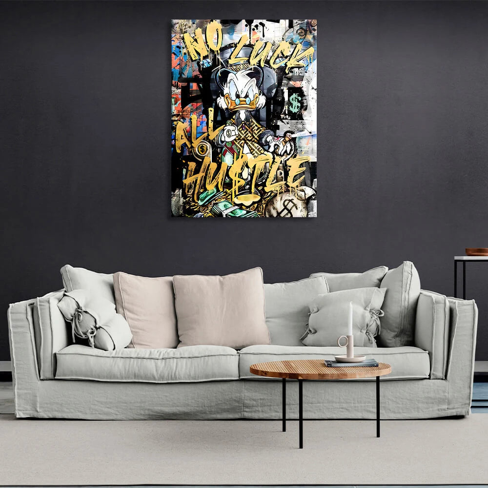 Scrooge mit gelbem Schriftzug, inspirierender Kunstdruck auf Leinwand
