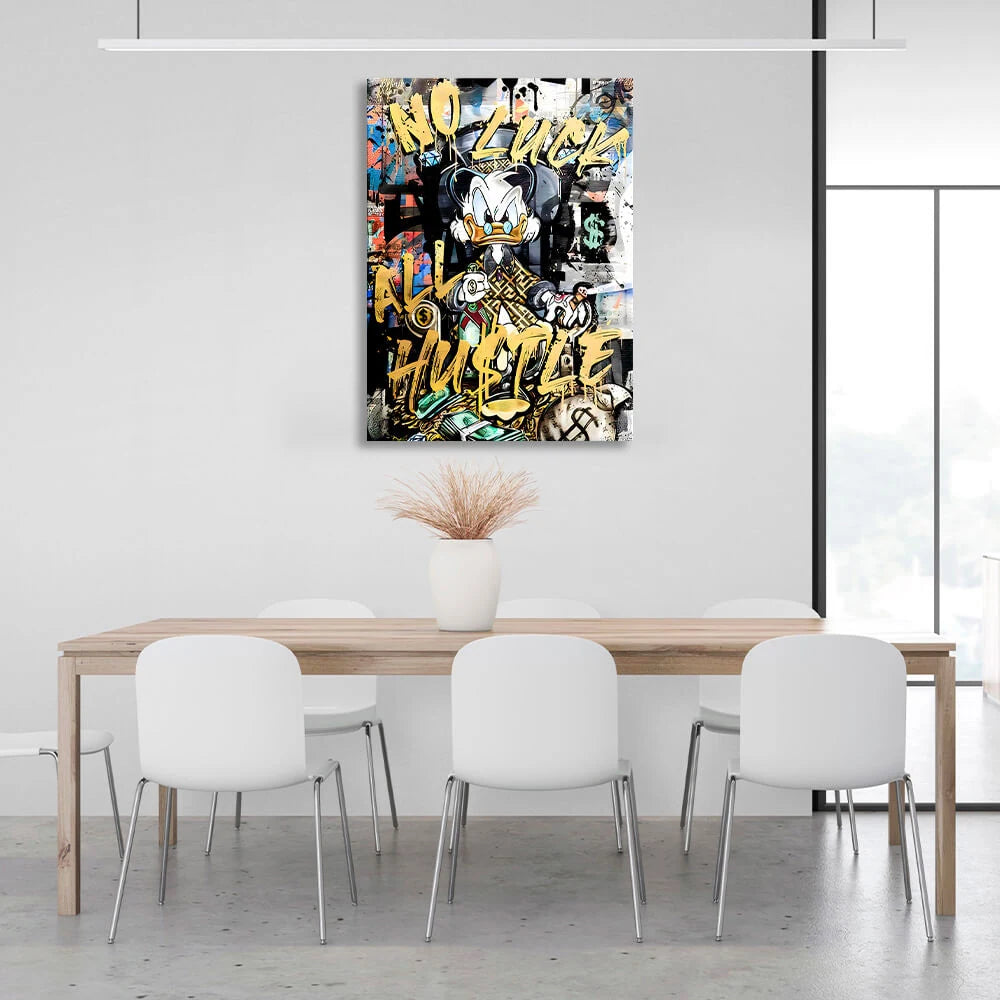 Scrooge mit gelbem Schriftzug, inspirierender Kunstdruck auf Leinwand