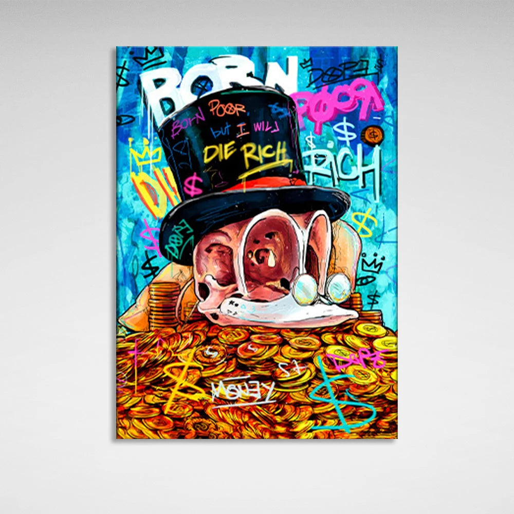 Dagoberts Totenkopf auf einem Haufen Goldmünzen. Inspirierender Kunstdruck auf Leinwand.