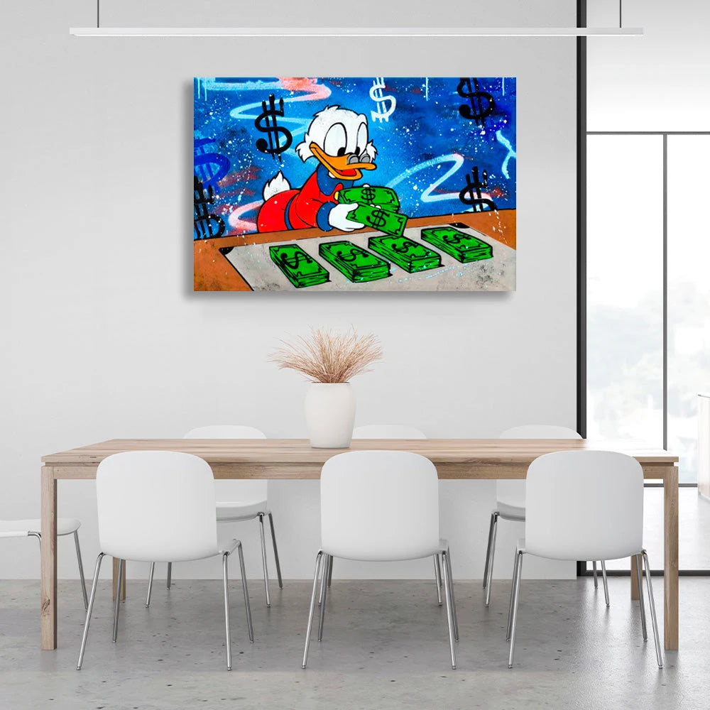 Inspirierender Kunstdruck auf Leinwand, Motiv „Scrooge zählt Dollar“,