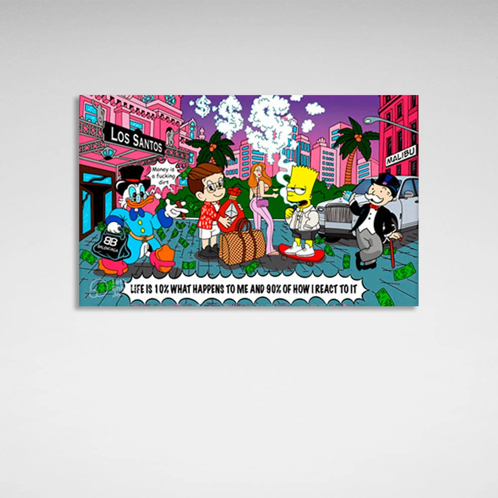 Scrooge, Bart Simson, Alec Monopoly und ihre Freunde Inspirierender Kunstdruck auf Leinwand
