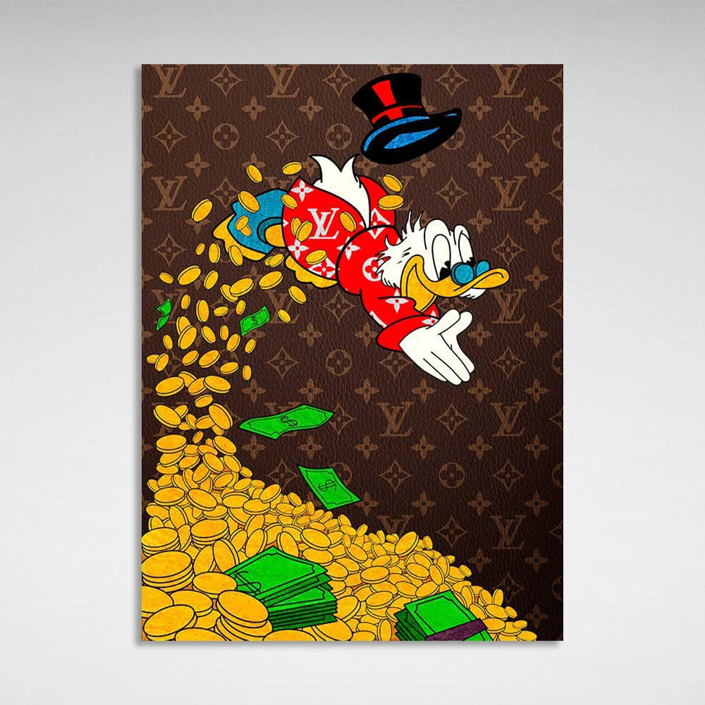 Scrooge schwimmt in einem Pool aus Gold. Inspirierender Kunstdruck auf Leinwand.